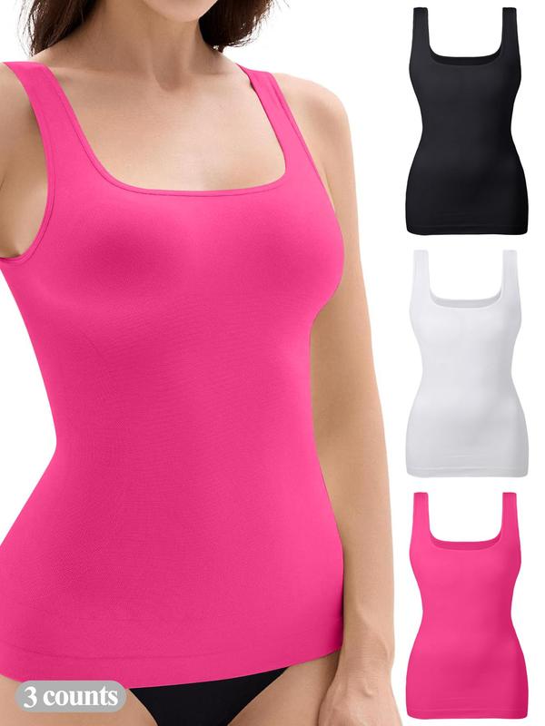 2 3 Pcs Women's Tummy Control Shapewear Tank Tops, Seamless Square Neck Compression Tops, Slimming Body Shapewear, Solid Backless Shaper Black Friday All Saints' Day Chrismas